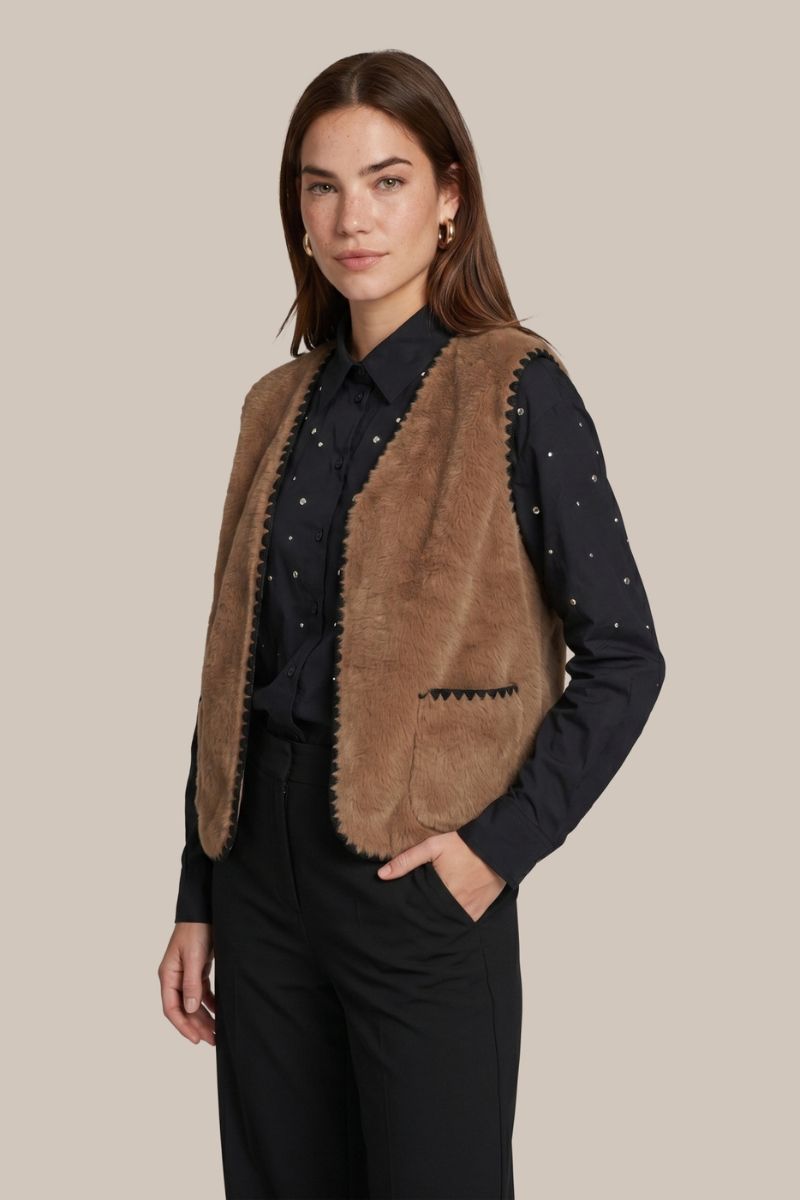 CS The Label Glenn Gilet Light Camel/Black, mouwloos gewatteerd gilet met ritssluiting en contrasterende zwarte details